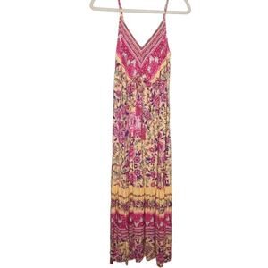 Rusttydustty Sleeveless Yellow/Pink Floral Boho Maxi Dress - S